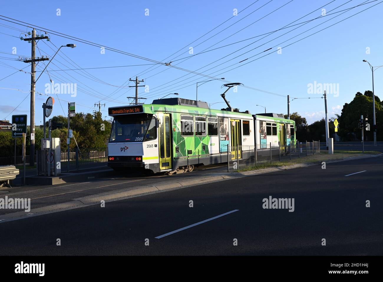 B-Class tram with PTV livery stopped at the end of route 64, near Nepean Hwy, around sunset on a clear day Stock Photo