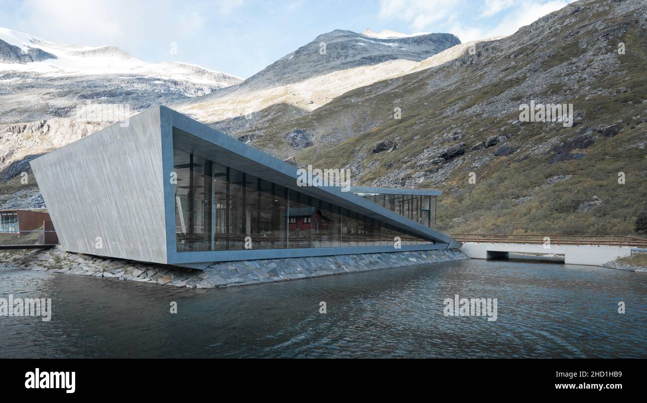 Trollstigen, Norway - 09.11.2017: Modern triangle building of Trollstigen cafe and visitor center on a cold day of early autumn. Modern contemporary Stock Photo