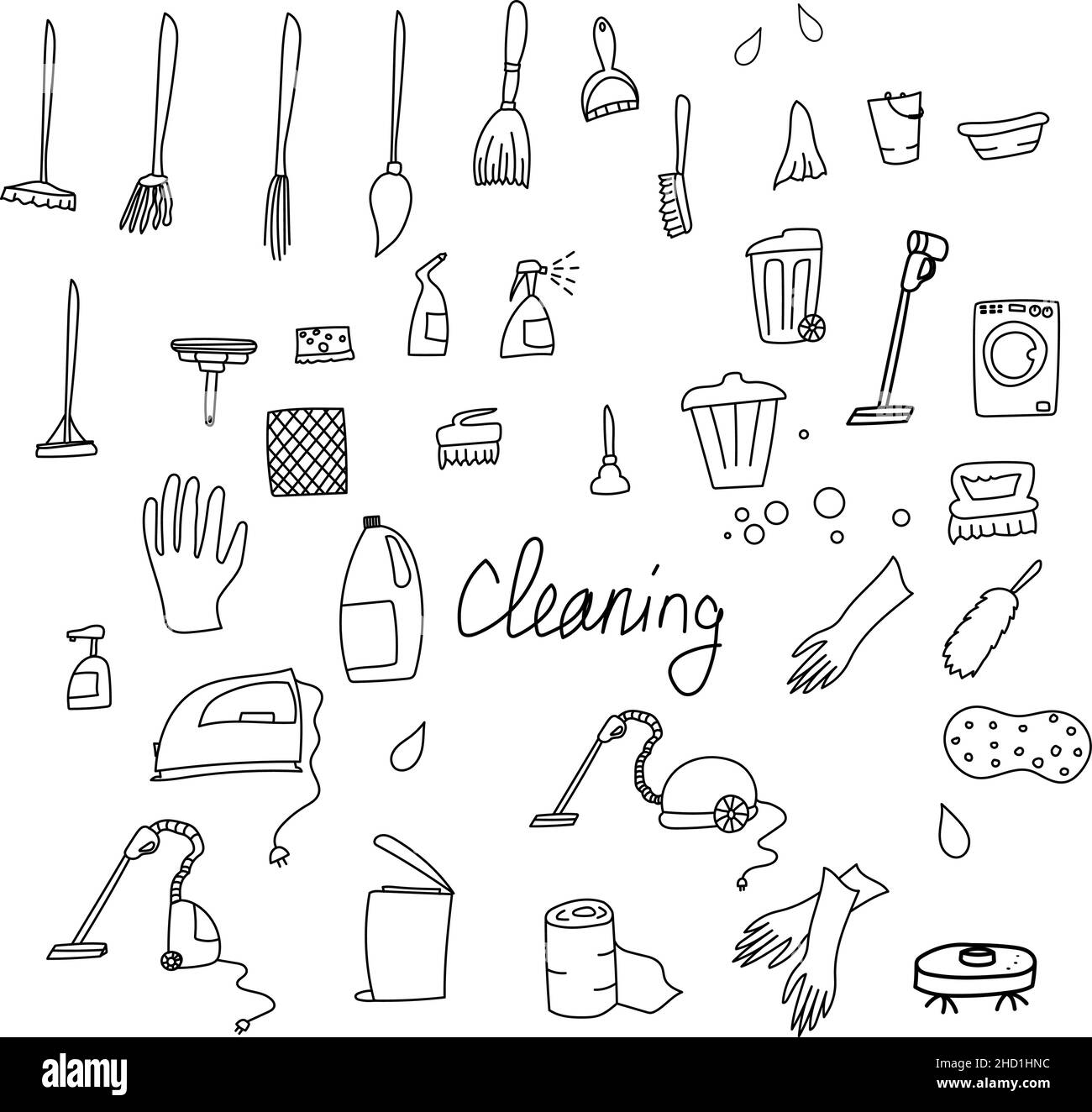 Set of vector elements with items for cleaning. Washing machine, powder, vacuum cleaner doodle. Stock Vector
