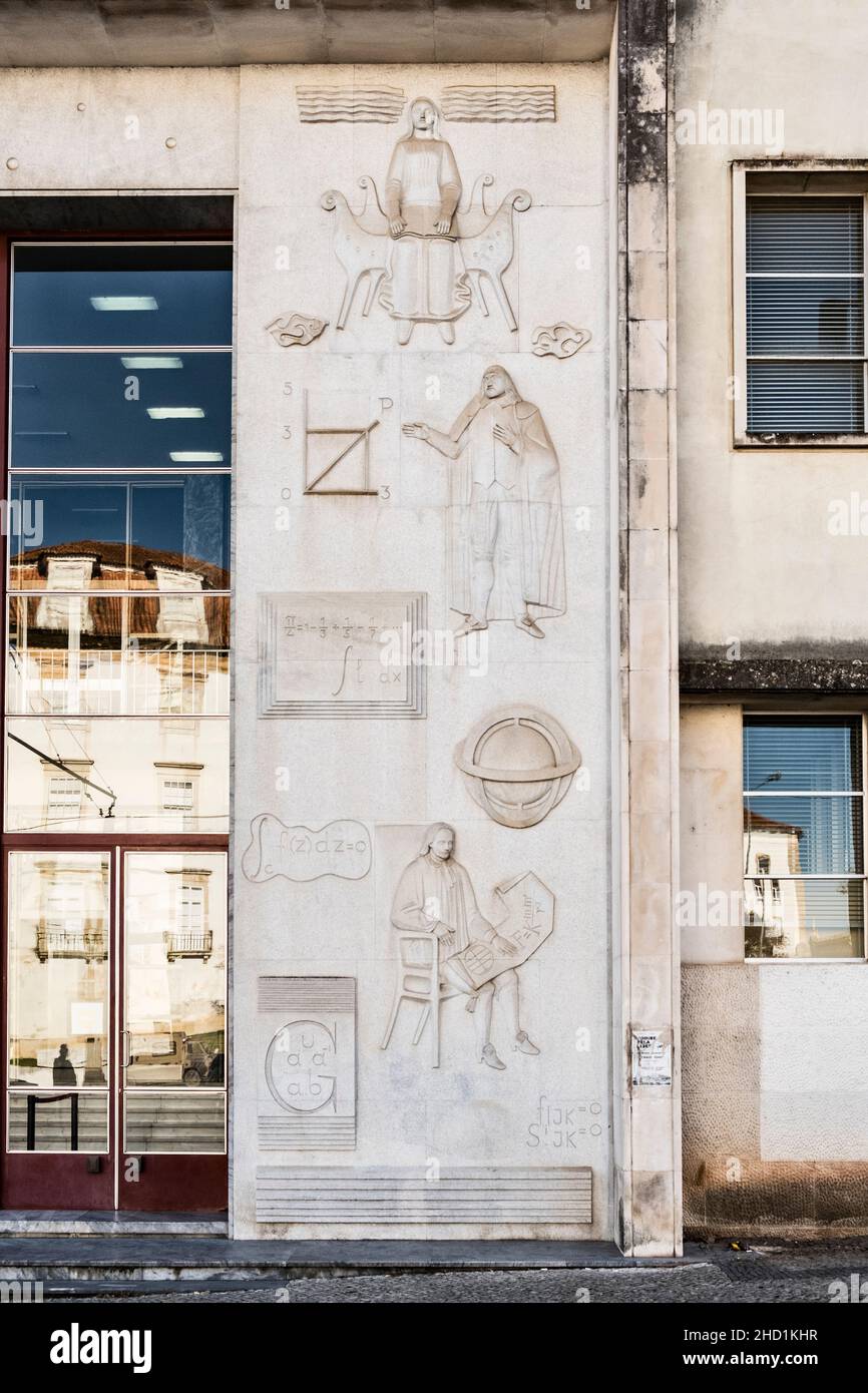 Bas-relief on the facade of the Departamento de Matemática (Department of Mathematics) at the University of Coimbra, Portugal, opened in 1969 Stock Photo