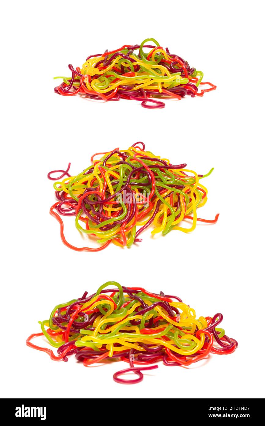 Tasty jelly spaghetti isolated on white background. Candy stripes Stock