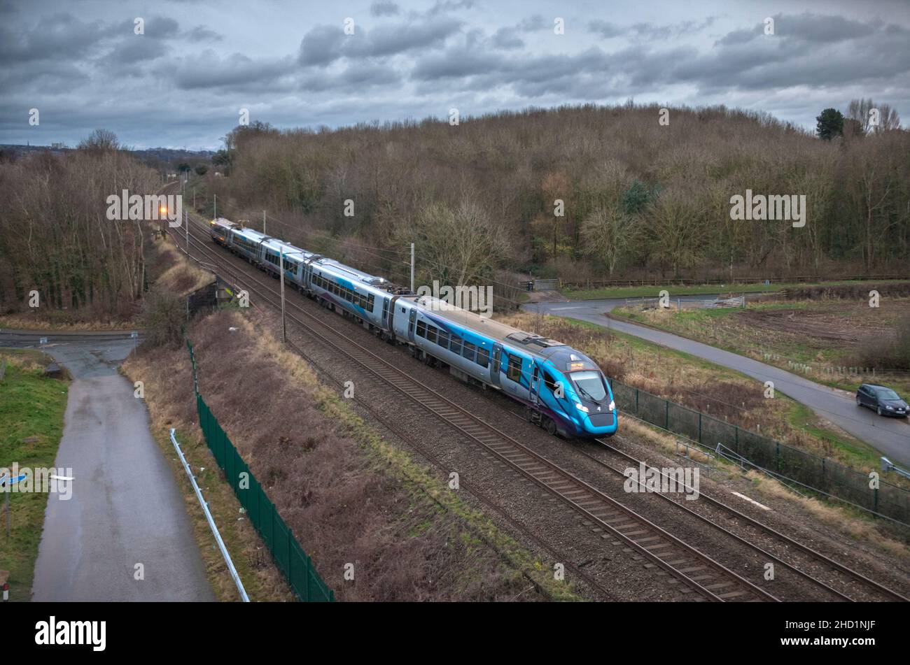 First Transpennine Express CAF class 397 electric express train on the west coast mainline in Lancashire Stock Photo