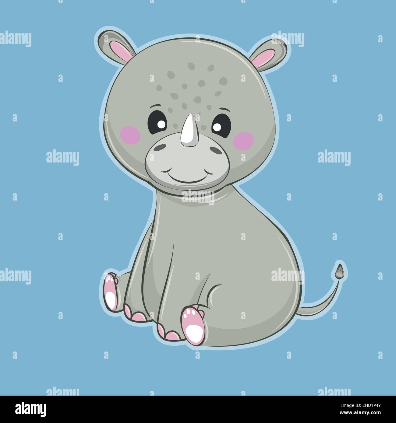 Cute fun cartoon baby rhinoceros on a blue background. Stock Vector