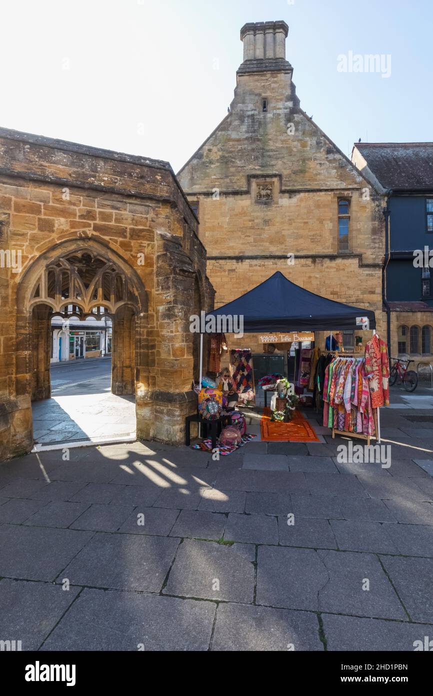 England, Dorset, Sherborne, Colourful Market Day Stall and The Conduit