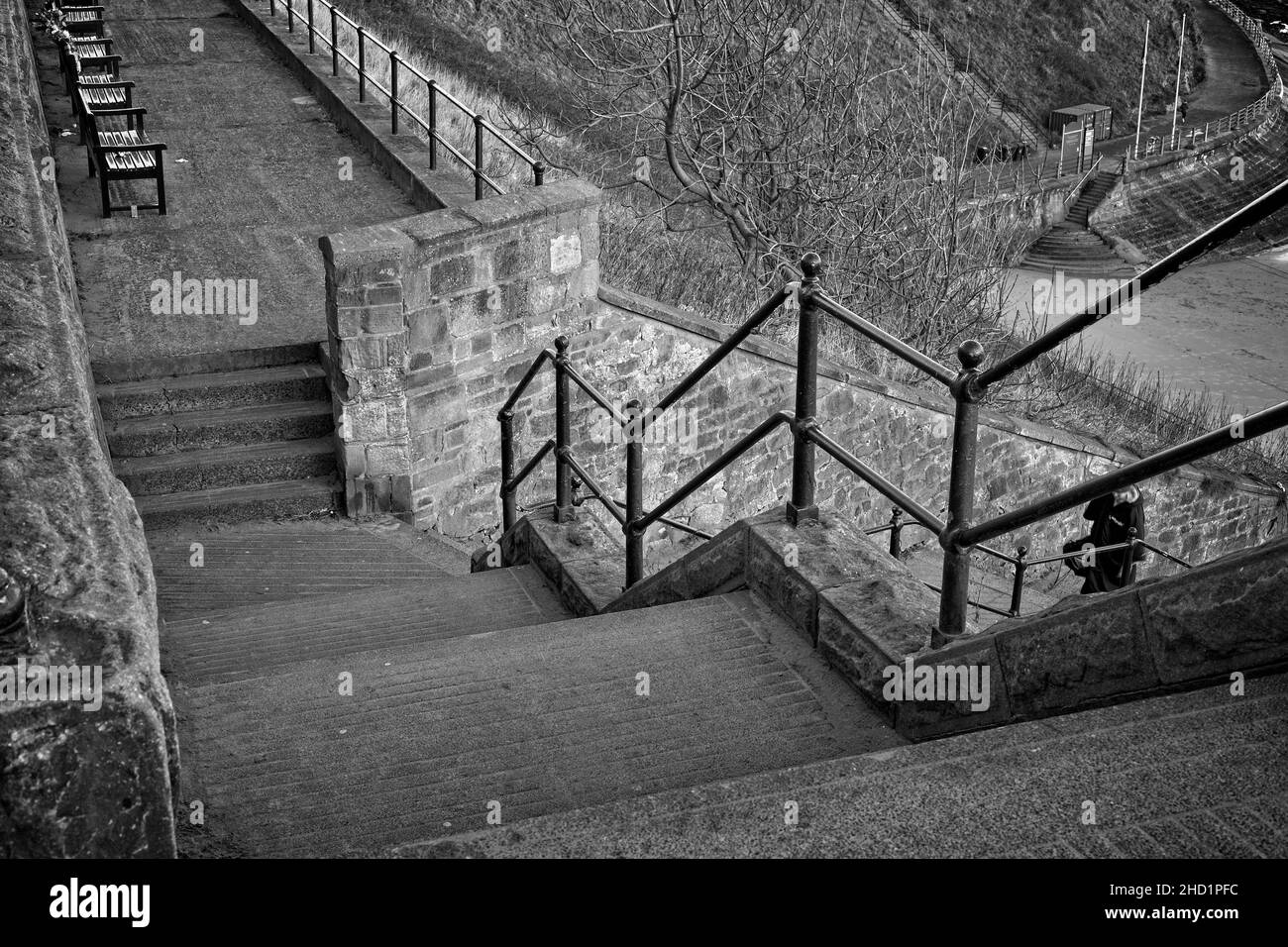 Steps leading down to King Edwards Bay from East Street in Tynemouth, North Tyneside. Stock Photo