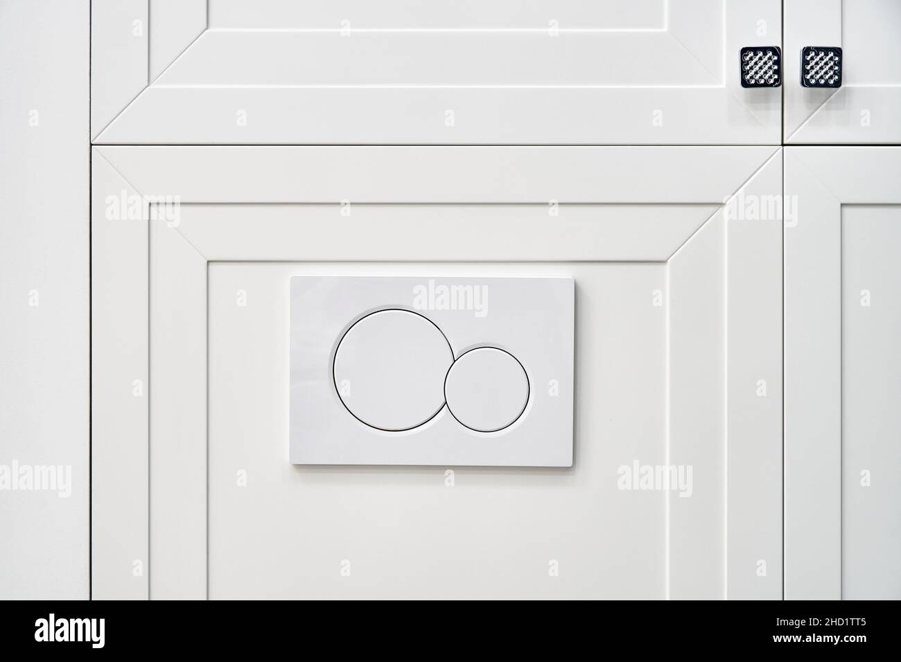 Stylish flush buttons of contemporary toilet bowl tank hidden behind