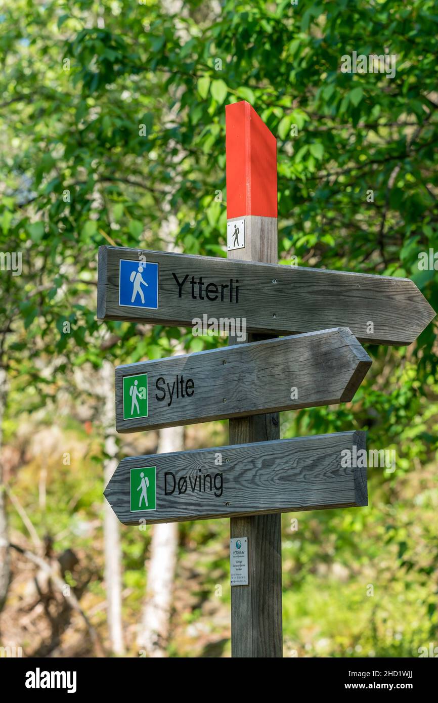 VALLDAL, NORWAY - 2020 MAY 29. Hiking post information in Valldalen. Stock Photo
