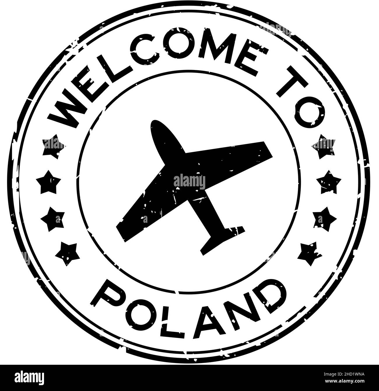Grunge black welcome to Poland word with airplane icon round rubber seal stamp on white background Stock Vector