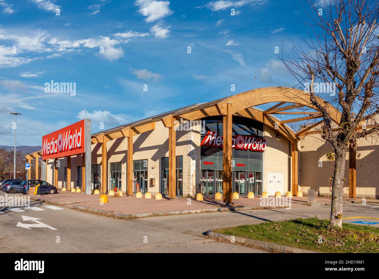 Moncalieri, Turin, Italy - December 6, 2021: building of Media World store on the blue sky with clouds, it is stores selling consumer electronics of t Stock Photo