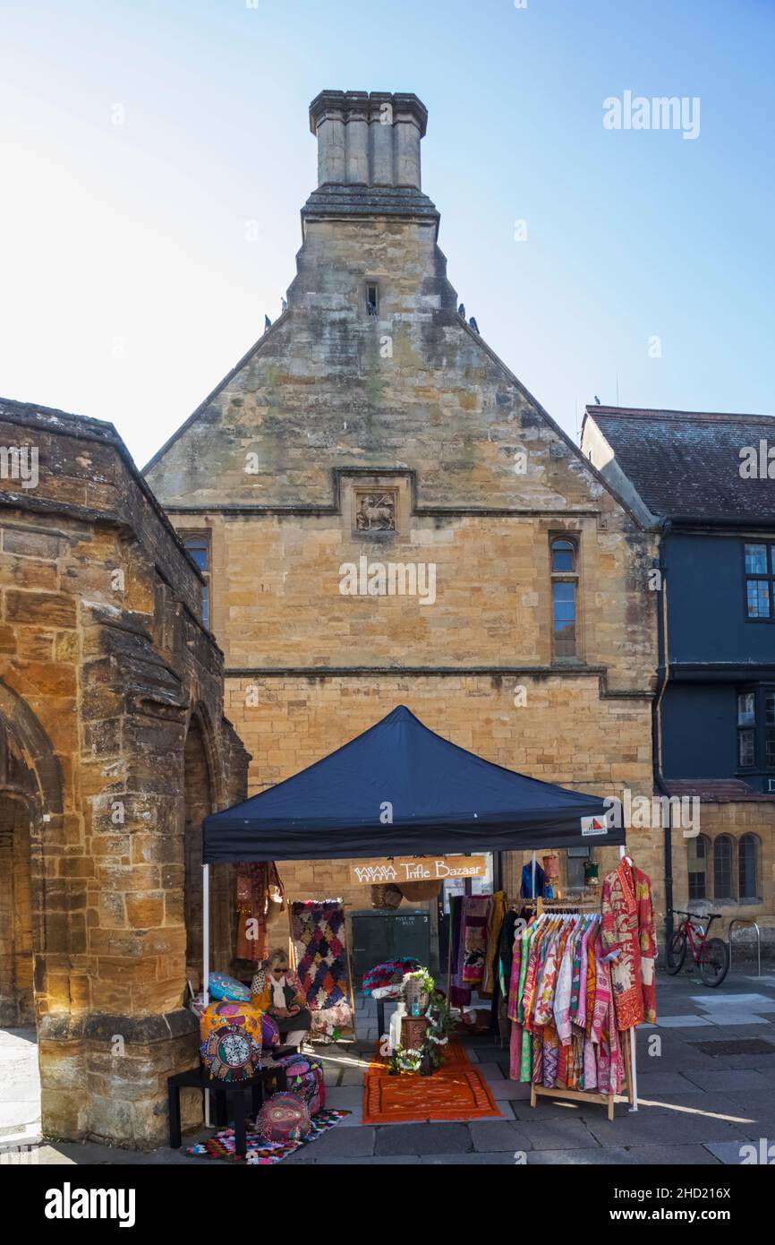 England, Dorset, Sherborne, Colourful Market Day Stall and The Conduit