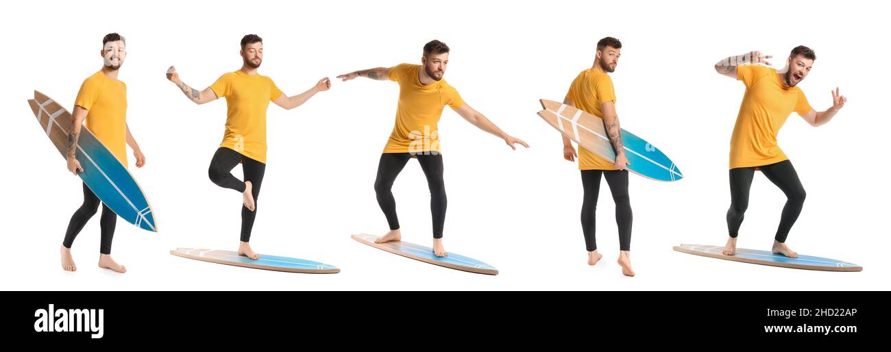 Handsome man with surfboard on white background Stock Photo