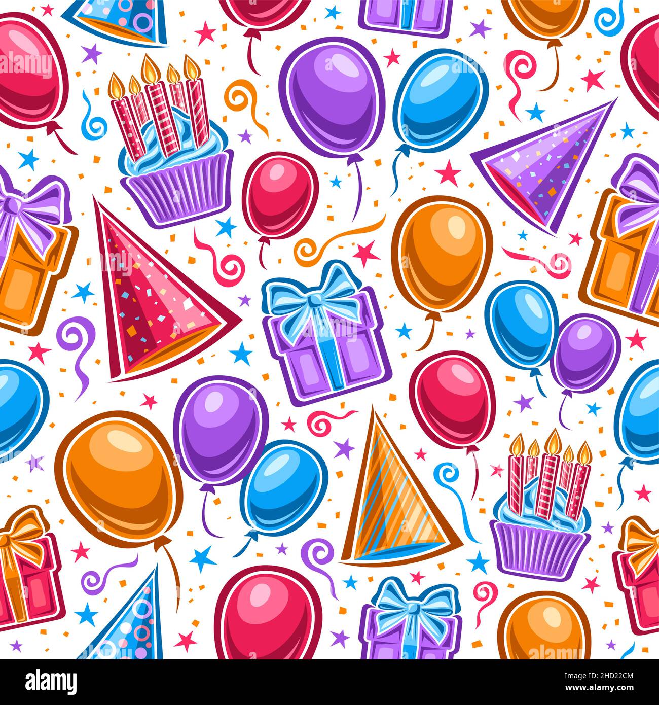 Vector Birthday Seamless Pattern, repeating background of vibrant balloons, vivid birthday cone hats, cupcake with burning candles, cut out illustrati Stock Vector