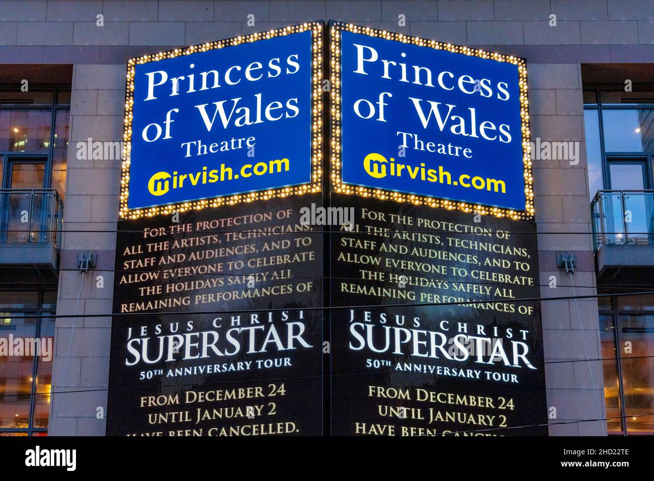 Sign of the Princes of Wales theatre by Mirvish Productions. The landmark theater is exhibiting the play 'Jesus Christ Superstar'.Jan. 2, 2022 Stock Photo