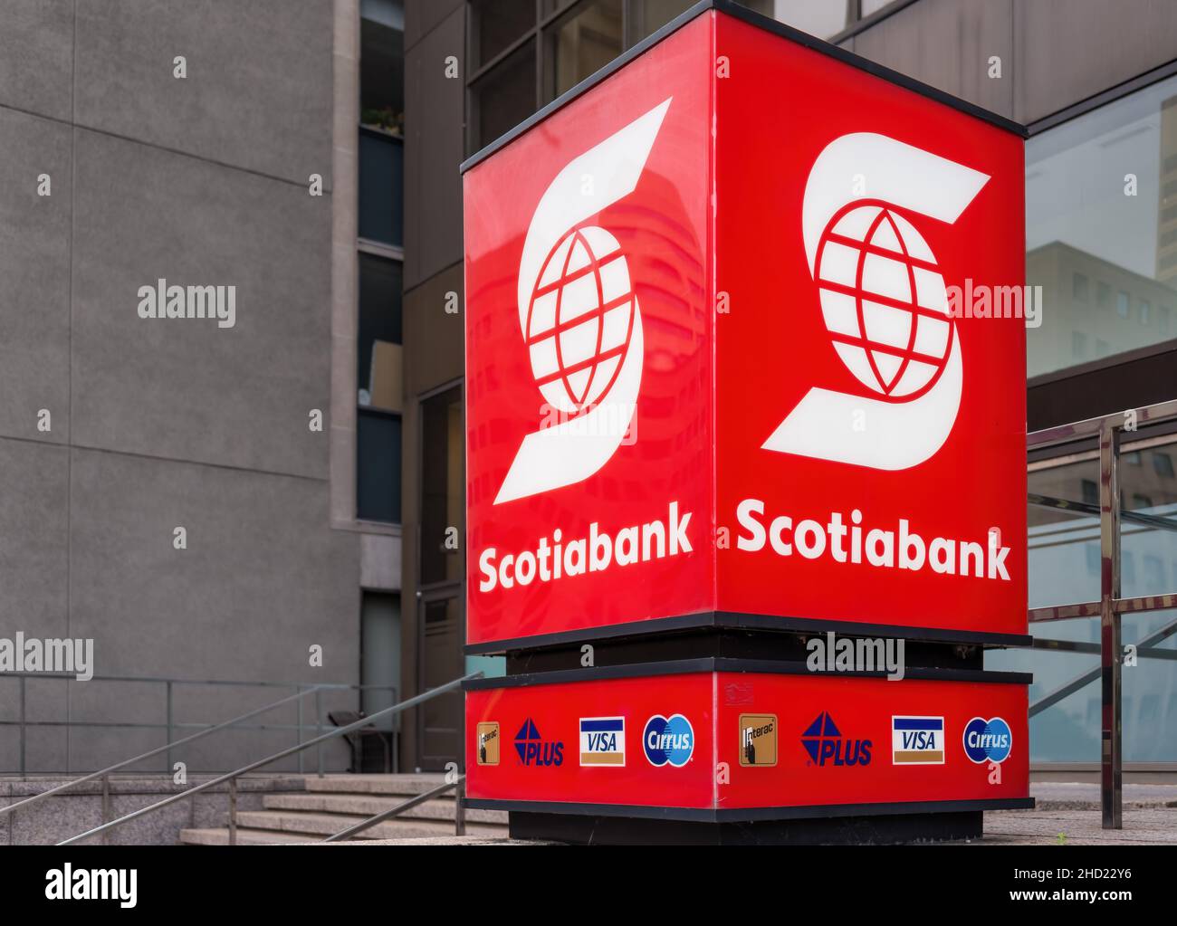 3D Rectangular advertisement sign for Scotiabank seen in University Avenue in the downtown district. Jan. 2, 2022 Stock Photo