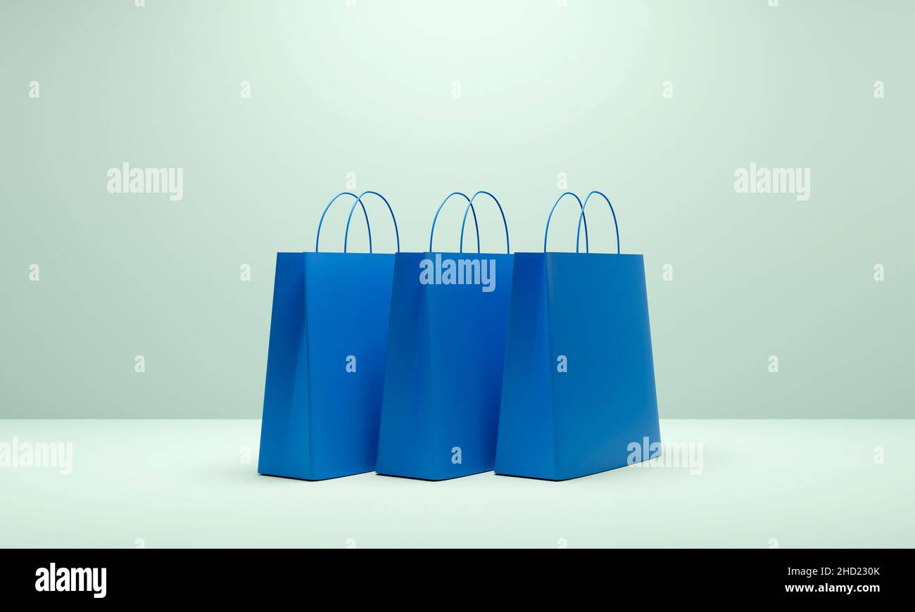 Three blue shopping bags on blue background. 3d illustration Stock