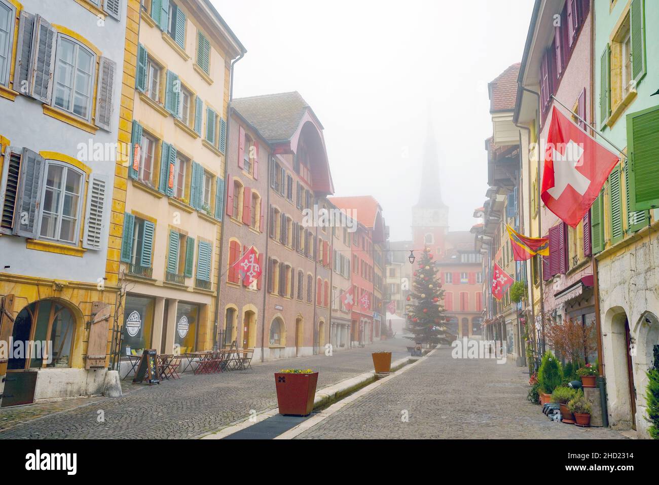 Market Street in medieval town of La Neuville, located on the shores of