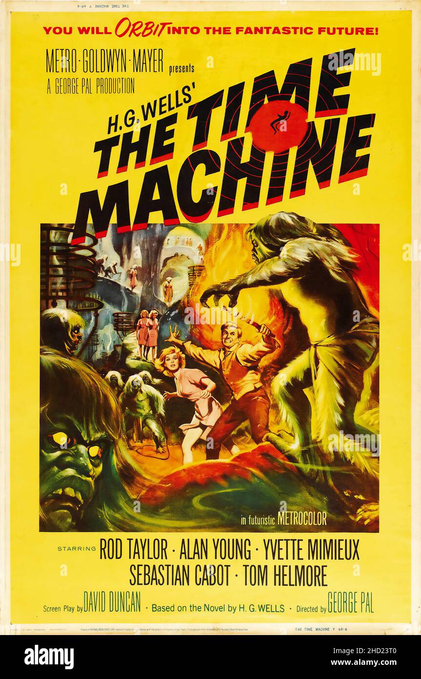 Vintage movie poster for the 1960 film The Time Machine. H.G. Wells. Rod Taylor, Alan Young, Yvette Mimieux. Stock Photo