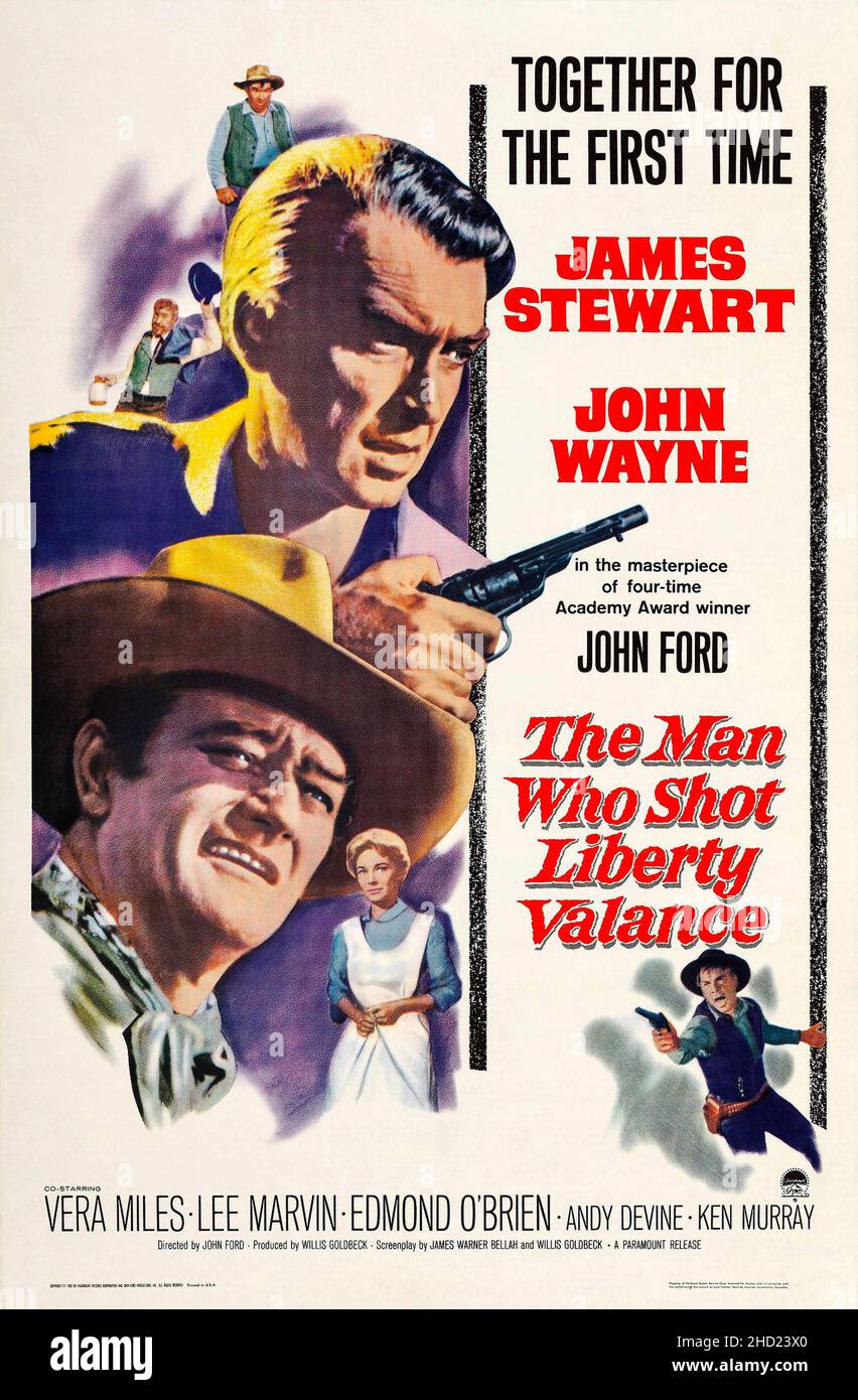 Theatrical release poster for the 1962 film The Man Who Shot Liberty Valance feat James Stewart and John Wayne. A John Ford film. Stock Photo