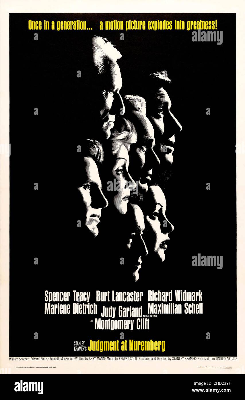 Judgment at Nuremberg (1961 film poster) feat Spencer Tracy, Burt Lancaster, Richard Widmark, Marlene Dietrich, Judy Garland, Montgomery Clift Stock Photo