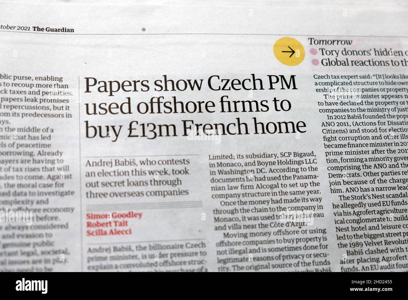 papers show czech pm used offshore firms to buy 13m french home pandora papers guardian newspaper headline article clipping october 2021 london uk 2HD2455