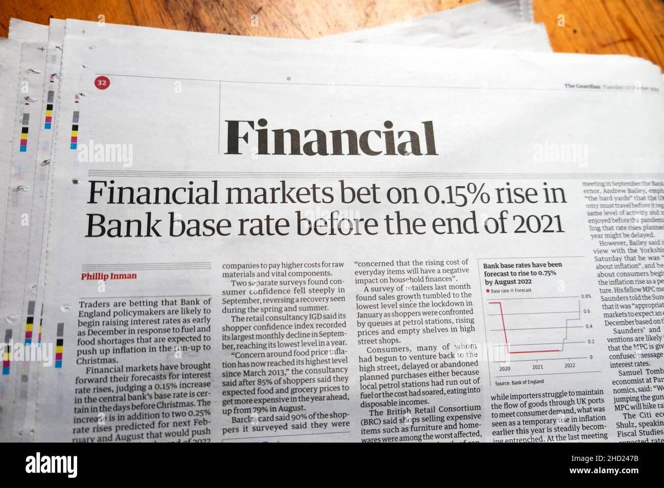 'Financial markets bet on 0.15% rise in Bank base rate before the end of 2021' Guardian newspaper headline article clipping 12 October 2021 London UK Stock Photo