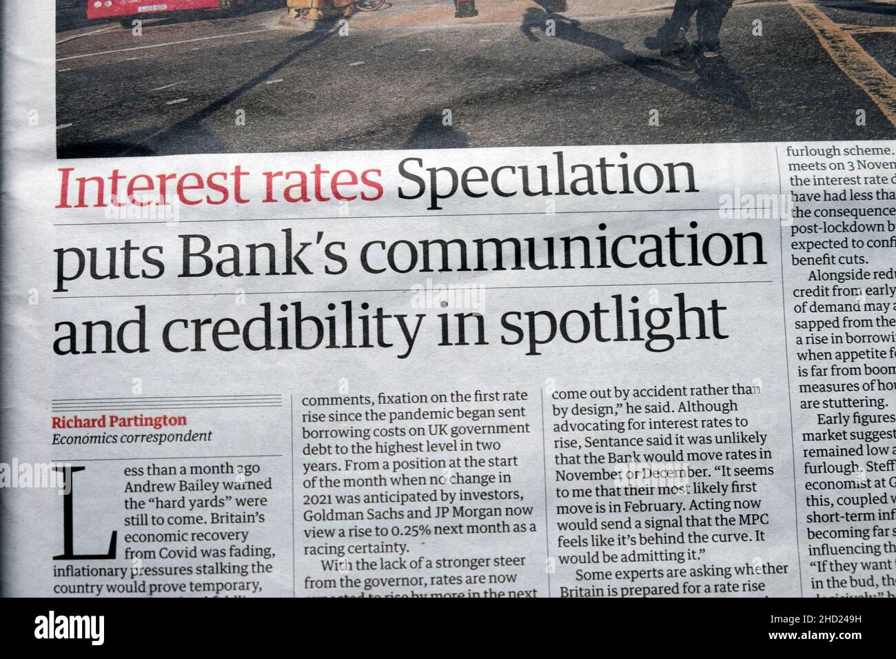 'Interest rates Speculation puts Bank's communication and credibility in spotlight'  Guardian newspaper headline article on 19 Oct 2021 London UK Stock Photo
