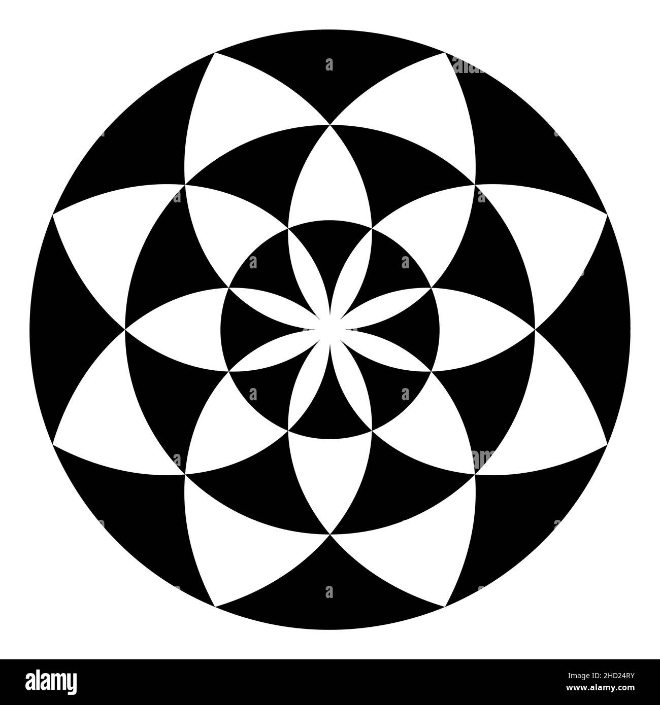 Flower symbol, derived from triangle shaped pattern. Symbol of a blossom with eight petals, created with arches. Also a white eight-pointed star. Stock Photo