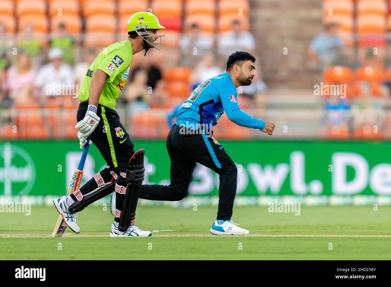 Sydney, Australia. 02nd Jan, 2022. Rashid Khan of Strikers bowls during the match between Sydney Thunder and Adelaide Strikers at Sydney Showground Stadium, on January 02, 2022, in Sydney, Australia. (Editorial use only) Credit: Izhar Ahmed Khan/Alamy Live News/Alamy Live News Stock Photo