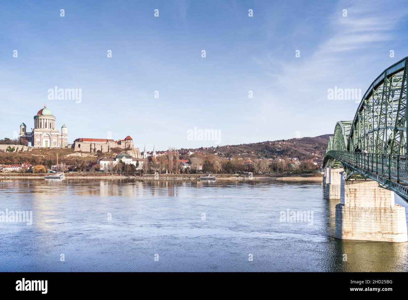 View of Esztergom Basilica in Hungary from Maria Valeria Bridge over the Danube Stock Photo