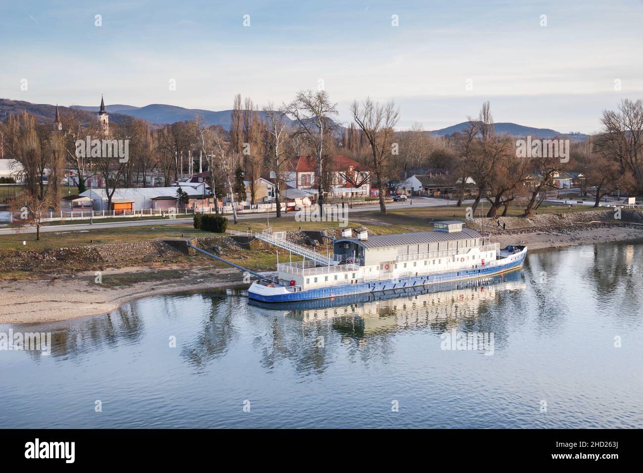 Mooring boat on a clear winter day on the river Danube near Esztergom, Hungary Stock Photo