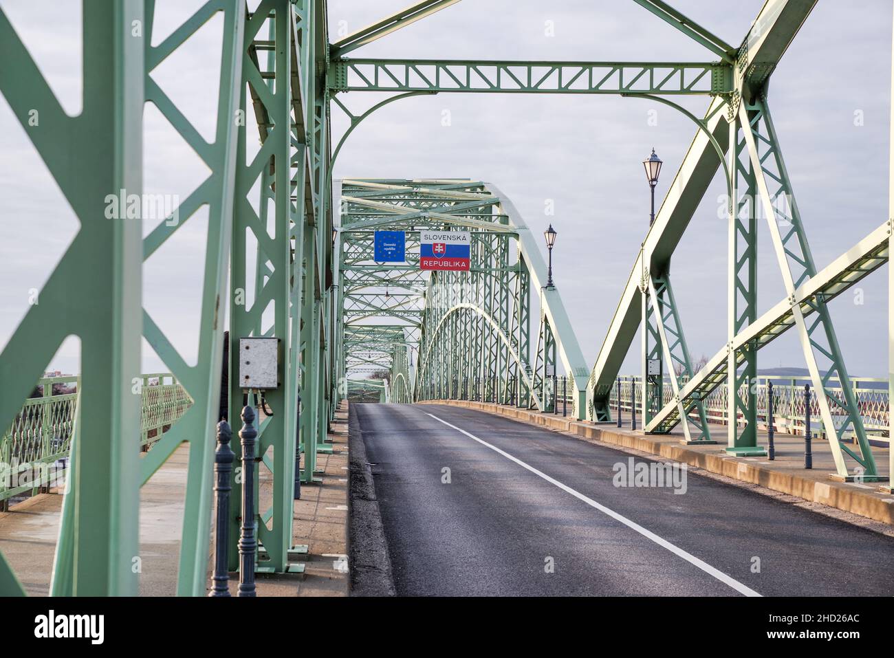 Maria Valeria Bridge over river Danube connecting the Slovak town of Sturovo and Esztergom in Hungary. Stock Photo