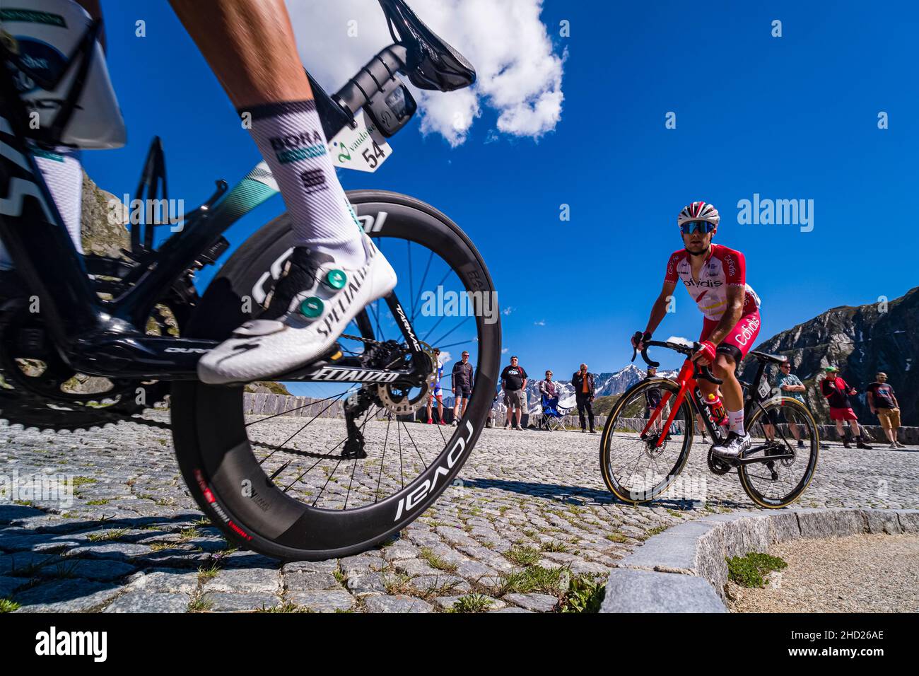 Remy Rochas from team Cofidis is racing up the Tremola San Gottardo at the Tour de Suisse 2021. Stock Photo