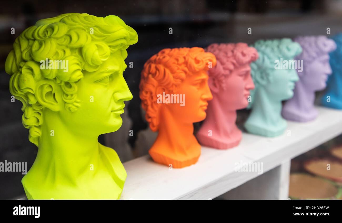 The most common Florence souvenir in Italy - David by Michelangelo. Kitsch souvenir. Stock Photo