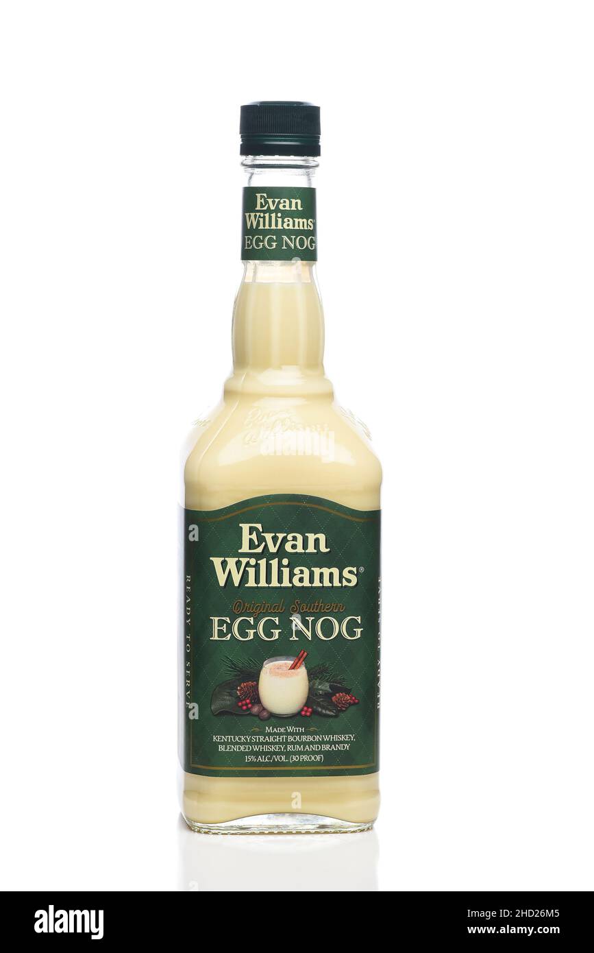 IRVINE, CALIFORNIA - 1 JAN 2022: A bottle of Evan Williams Original Southern Egg Nog, with Kentucky Bourbon, Rum and Brandy. Stock Photo