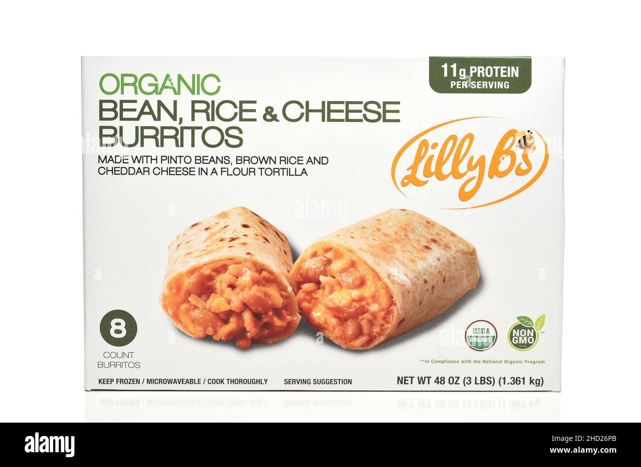 IRVINE, CALIFORNIA - 1 JAN 2022: An 8 count package of Lilly B's Frozen Organic Bean, Rice and Cheese Burritos. Stock Photo