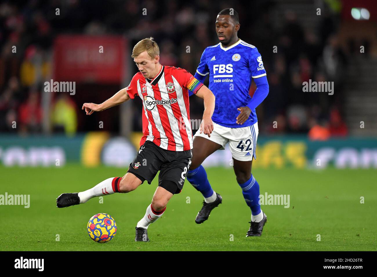 James Ward-Prowse of Southampton and Boubakary Soumare of Leicester City - Southampton v Leicester City, Premier League, St Mary's Stadium, Southampton, UK - 1st December 2021  Editorial Use Only - DataCo restrictions apply Stock Photo