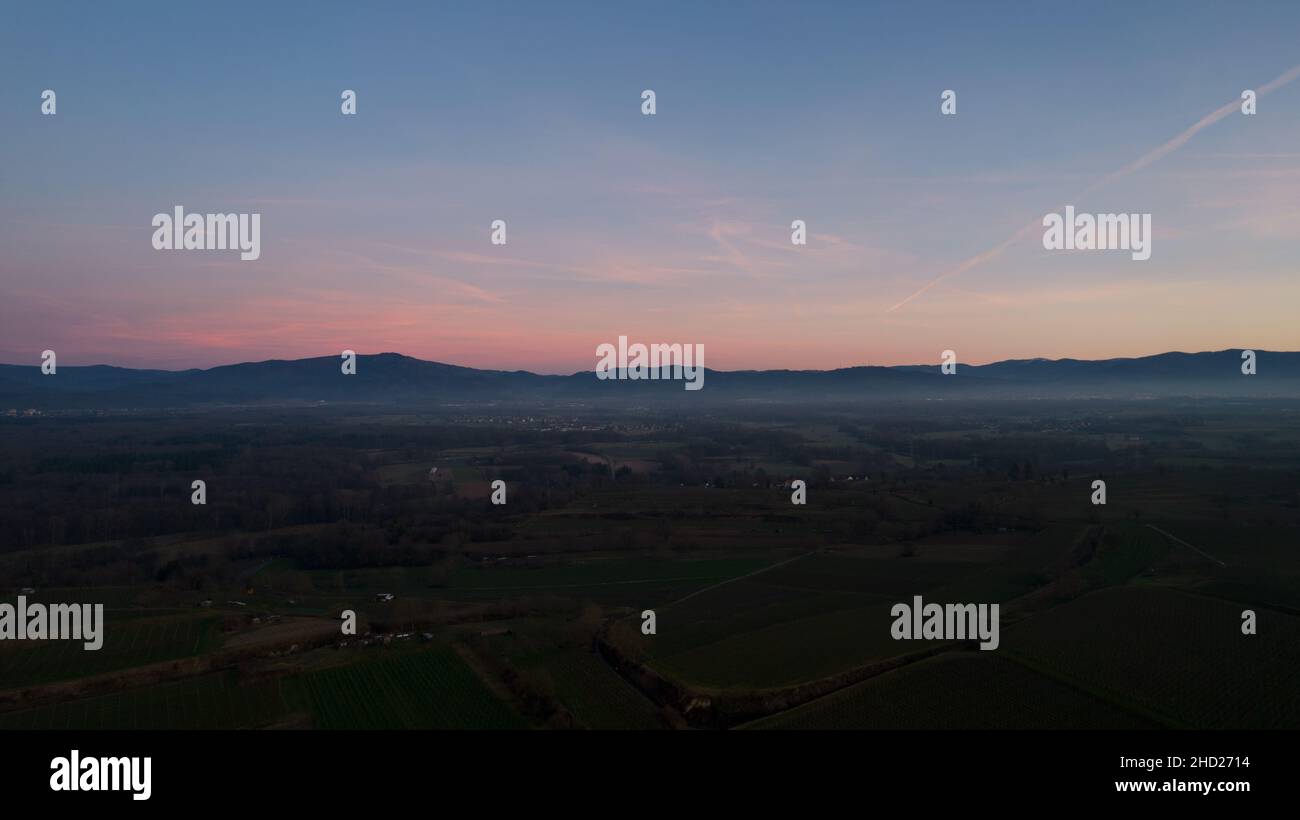 Aerial Drone Landscape photos taken at a winter sunset with some beautiful colors Stock Photo