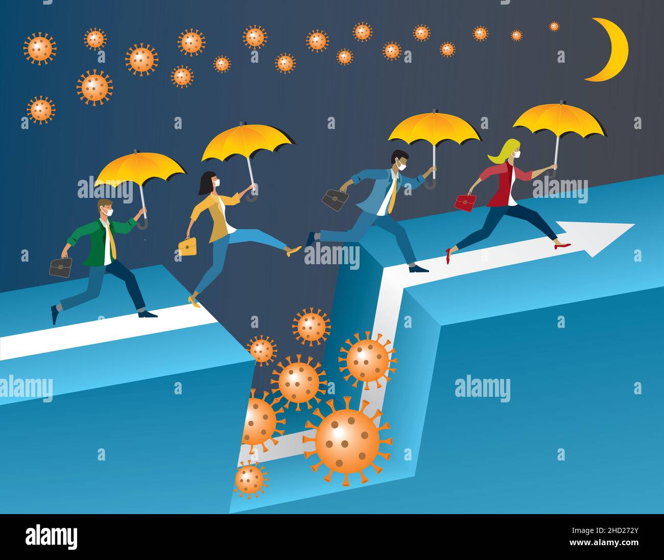 People running and jumping from effects of Coronavirus. Vector illustration. EPS10. Stock Vector