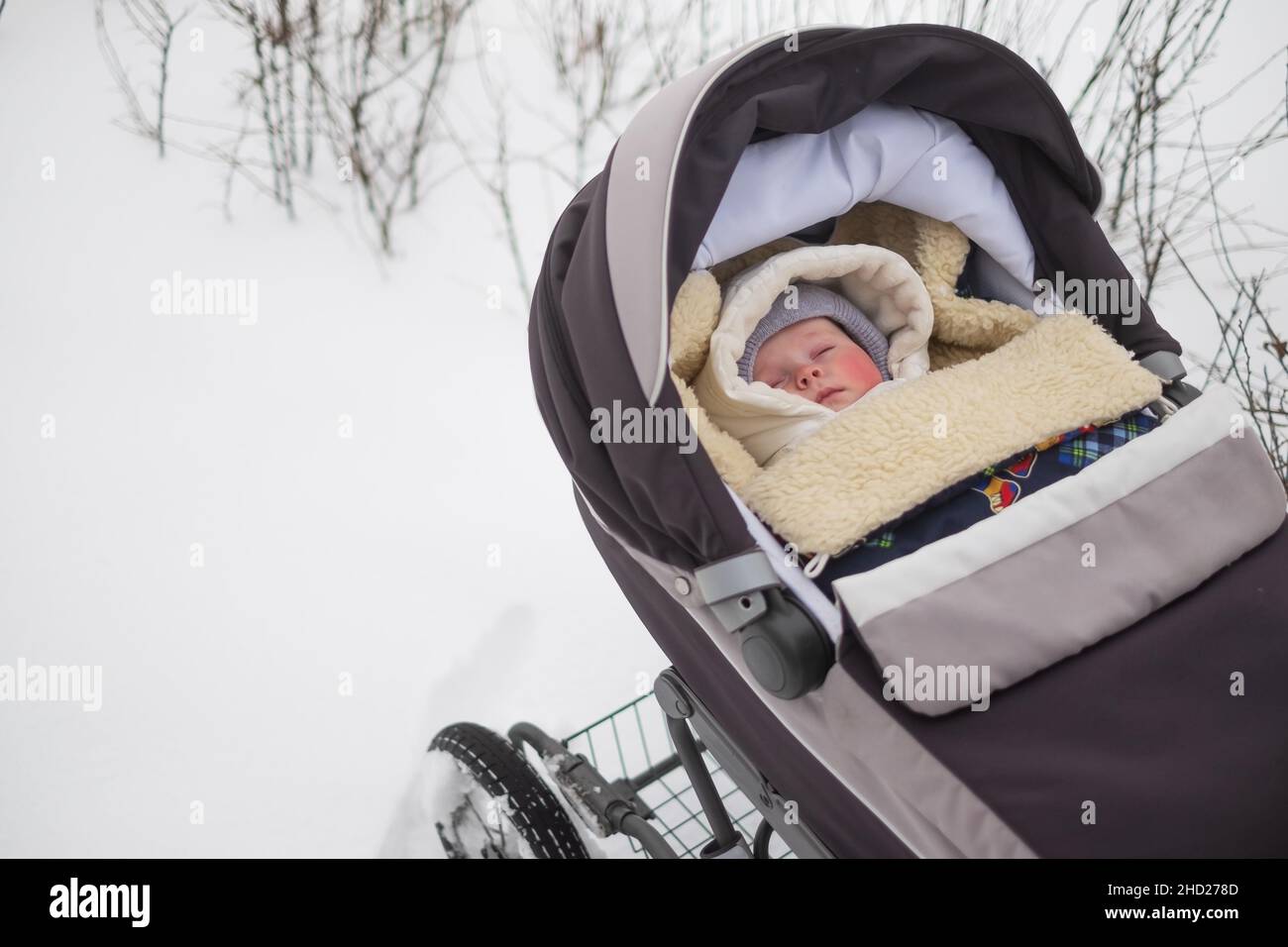 Caucasian baby sleeping in stroller at winter snowy day Stock Photo Alamy