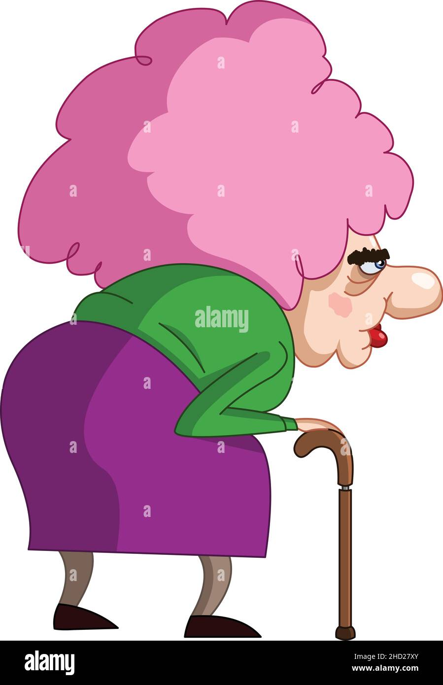 Old lady woman with a walking stick cane and a pink hair Stock Vector