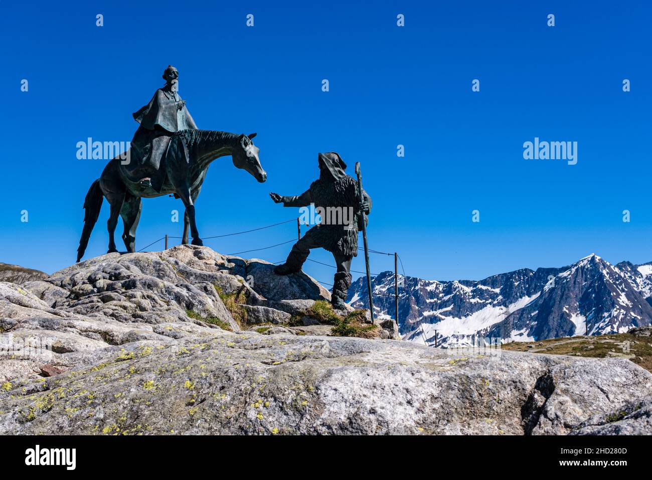 The statue of General Suworow on top of Gotthard Pass at 2106 m, connecting the cantons of Ticino and Uri. Stock Photo