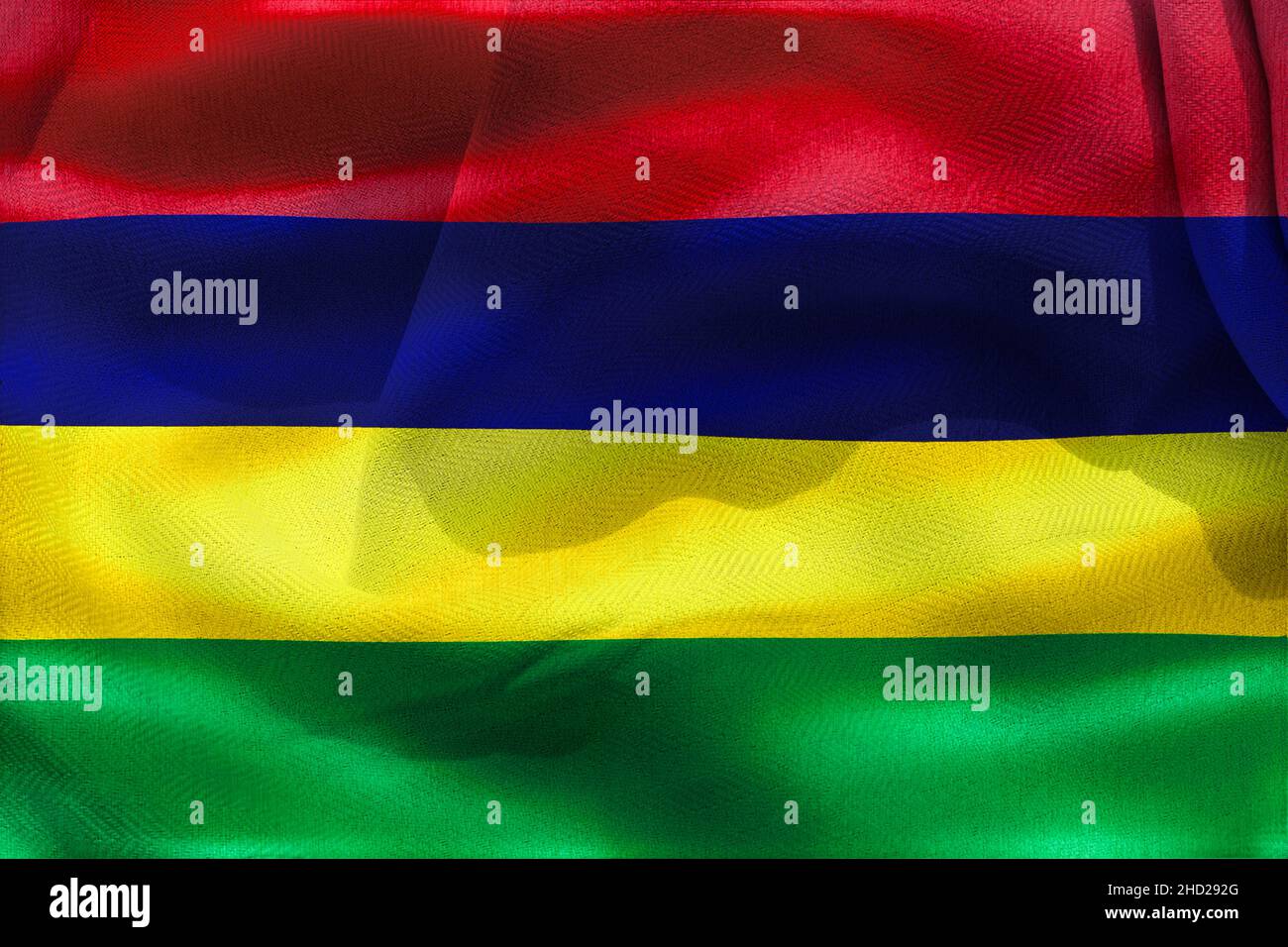 A 3D illustration of the realistic waving fabric flag of Mauritius ...