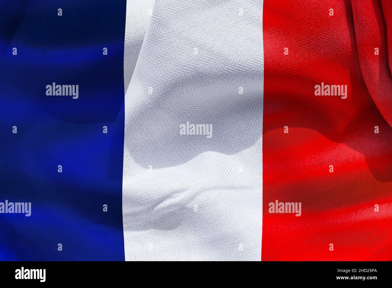 A 3D illustration of the realistic waving fabric flag of France ...