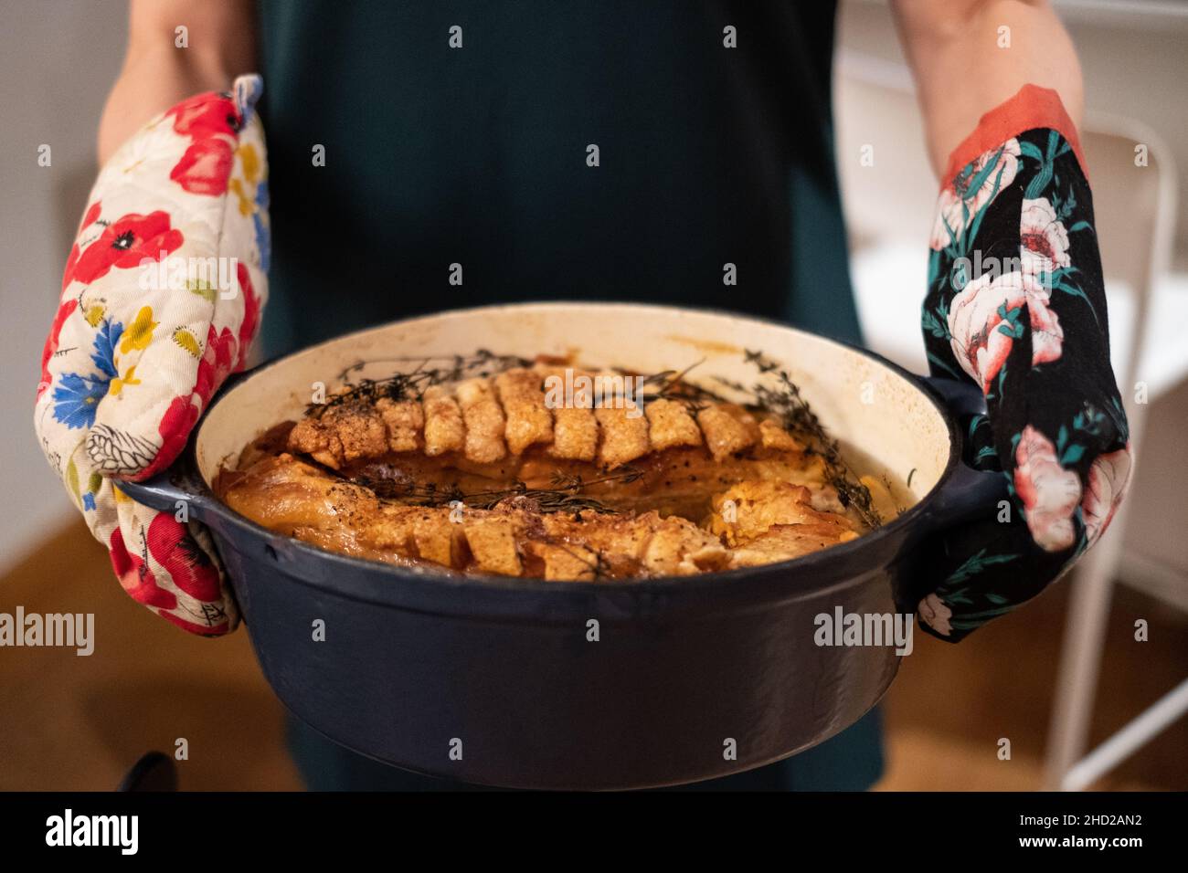 Woman holding pot-roast with colorful mittens. Stock Photo