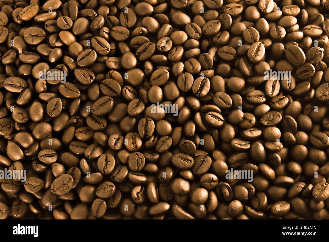 Golden coffee, background texture, close-up. Shiny arabica grains. Stock Photo