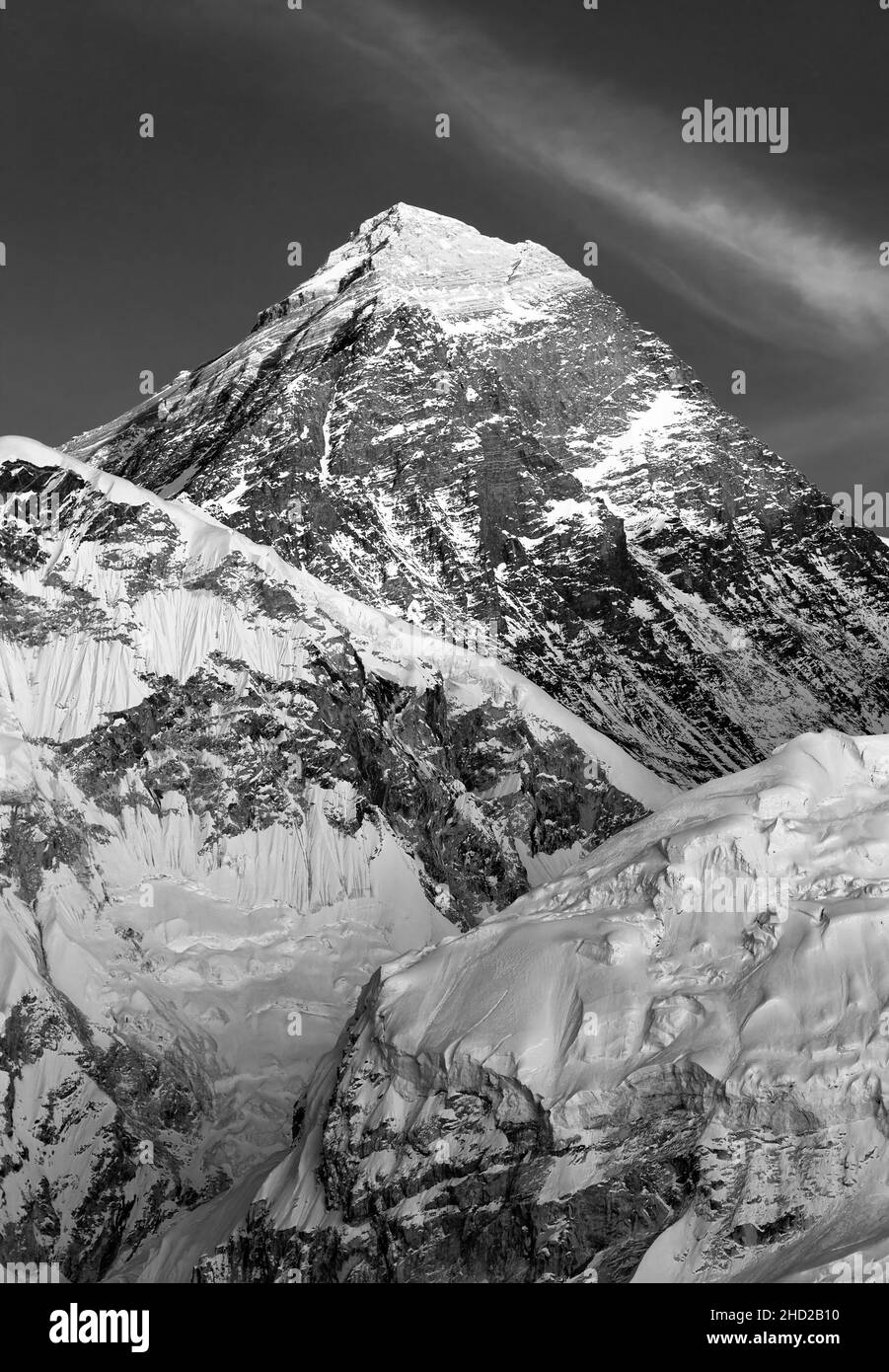 black and white view of Mount Everest from Kala Patthar, Sagarmatha national park, Khumbu valley, Nepal Stock Photo
