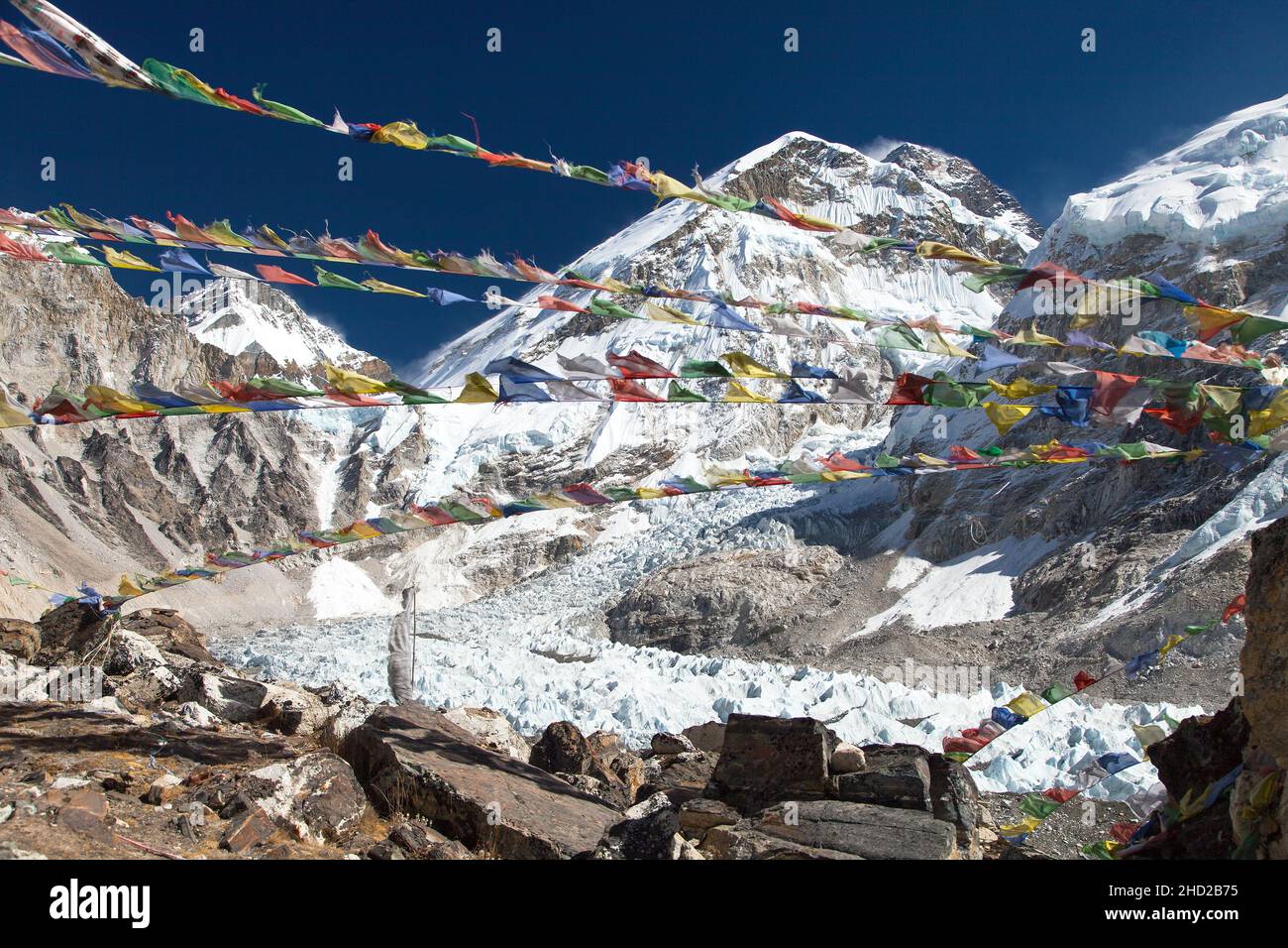 Mt Everest View From Mount Everest Base Camp And Prayer Flags Sagarmatha National Park Khumbu