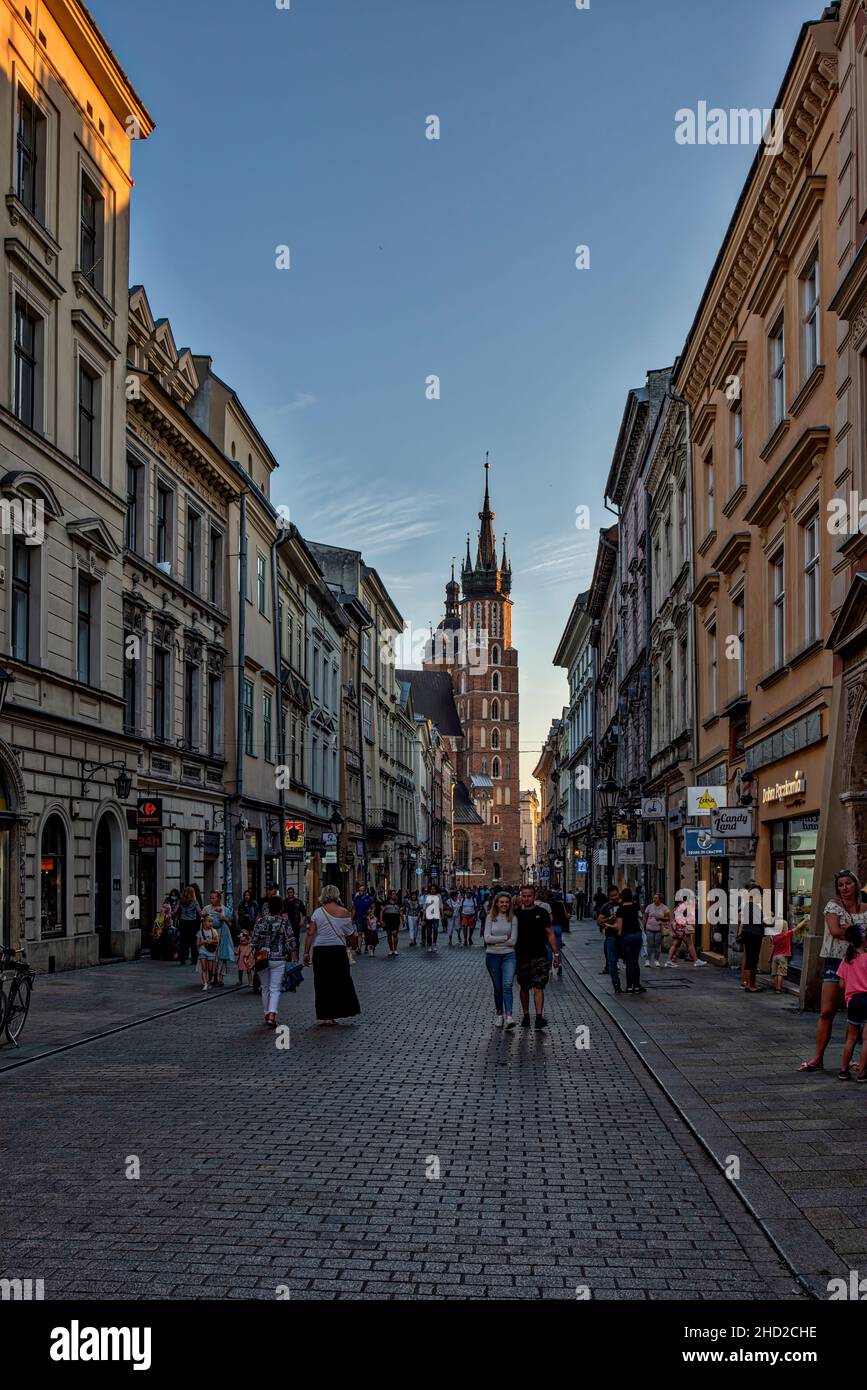 View towards Saint Marys Basilica from Florianska Street in Krakow Old City in Poland Stock Photo