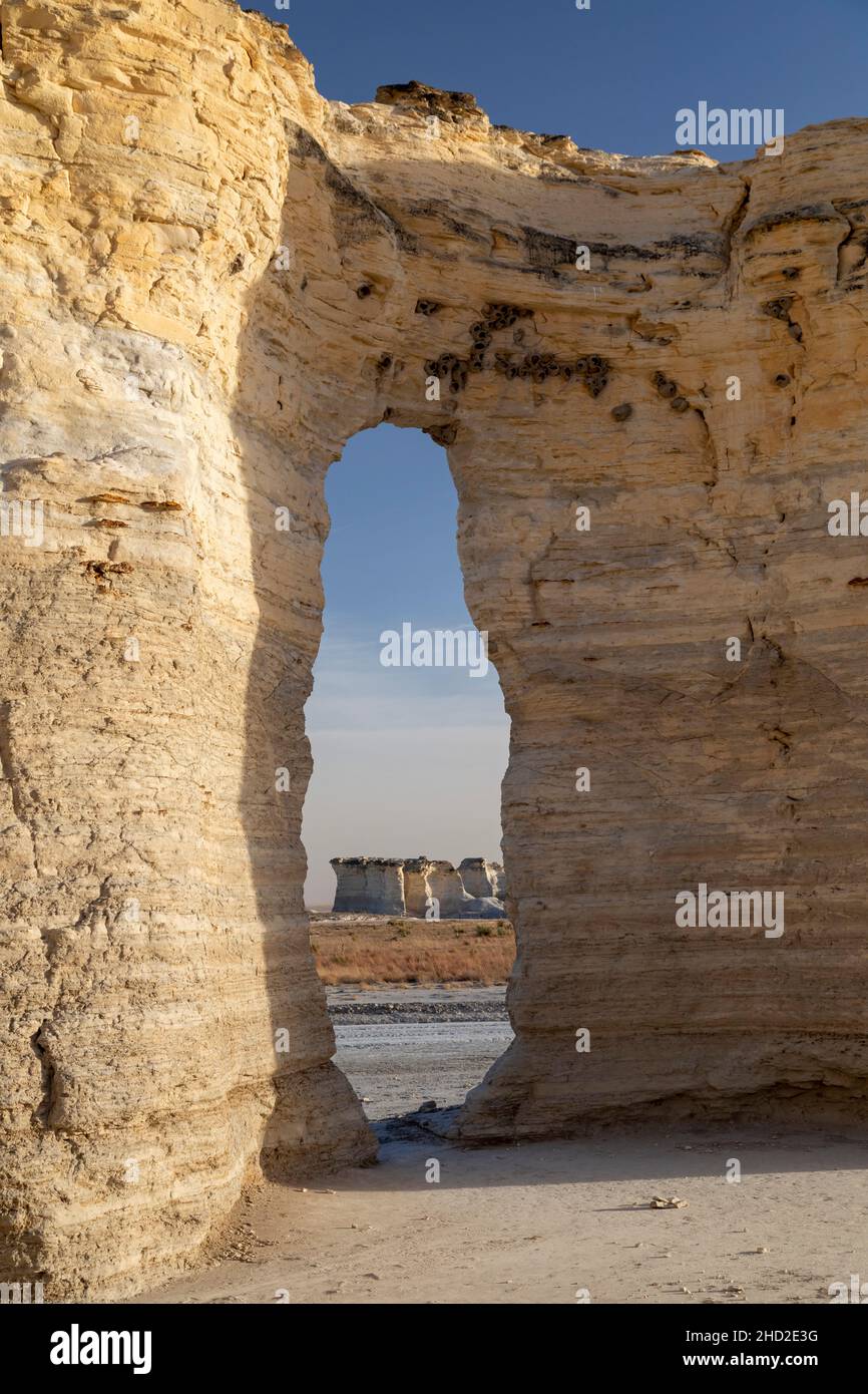 Oakley, Kansas - Monument Rocks, also known as Chalk Pyramids, a Niobrara chalk formation on the plains in western Kansas. The nests of cliff swallows Stock Photo