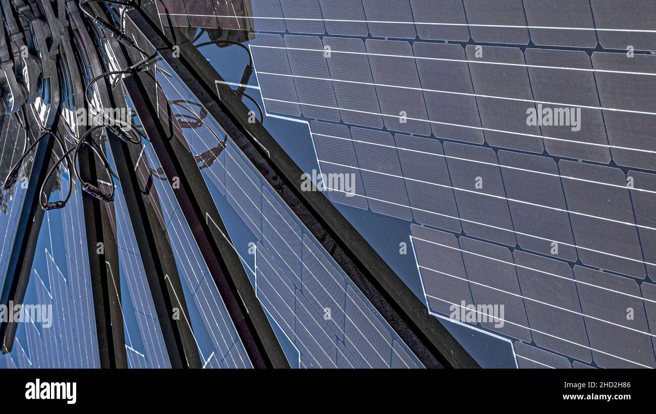 Fanshaped solar panels. Solar cells and photovoltaic modules for renewable energy. Saving